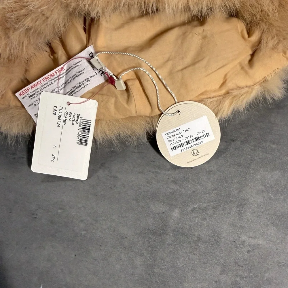 Donsje Cathelijn Hat Girls 5-6Y Rose Teddy Faux Fur Plush Winter Beanie Beige
